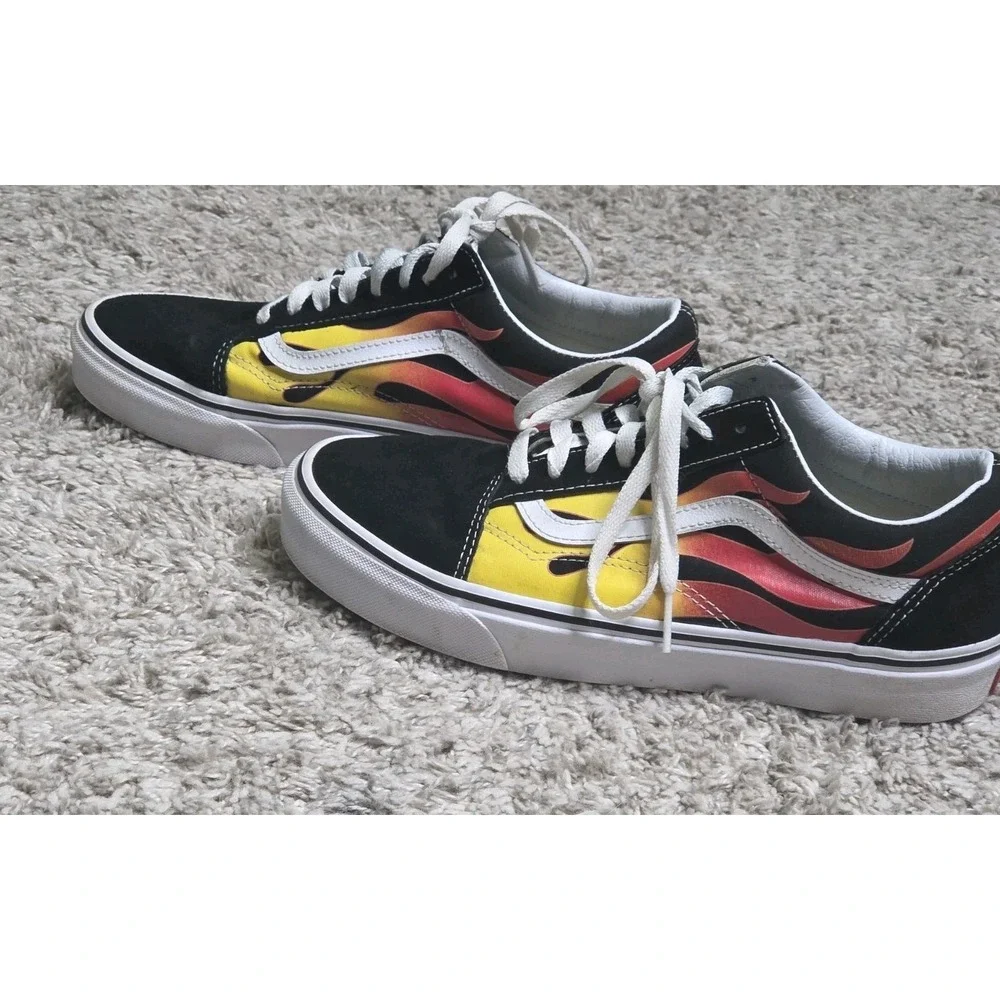 Vans Old Skool Flame Sneakers Mens 8.5 Womens 10 Black Yellow Red Skate Shoes